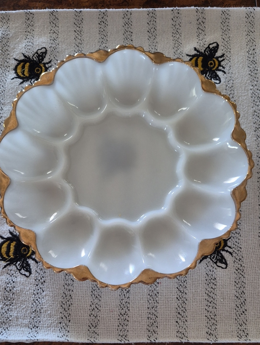 Vintage Achor Hocking Milk Glass Egg Serving Tray with Gold Trim